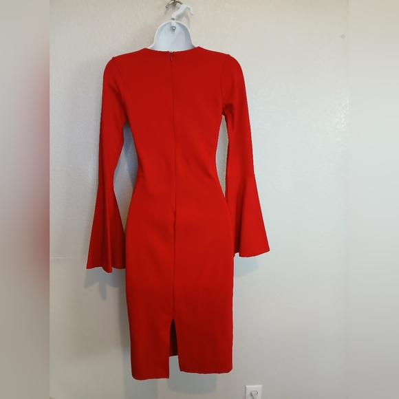 Just Me Red Long Flared Bell Sleeve Midi Pencil Dress Sheath Bodycon V Neck - Picture 6 of 7
